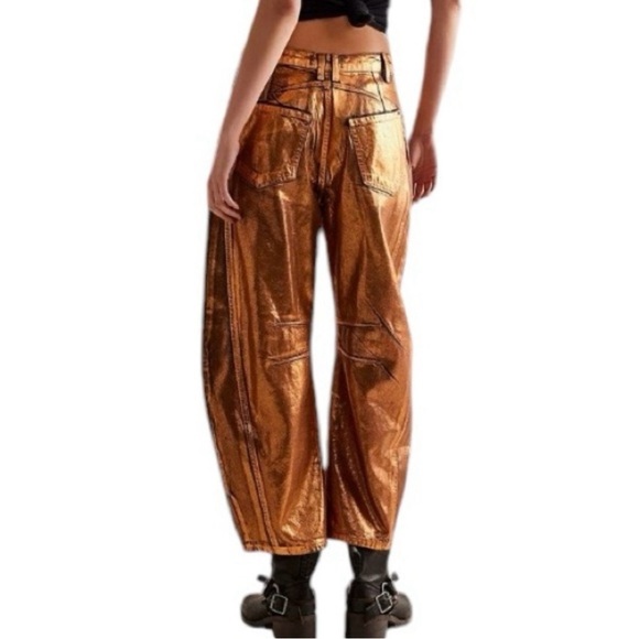 NWT We The Free x Free People Good Luck Gold Metallic Horseshoe Barrel Jeans - Picture 1 of 13